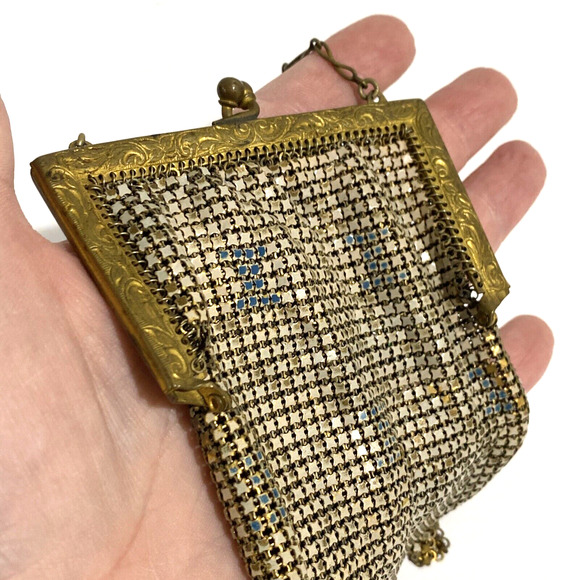 Vintage 1920s metal mesh purse Art Deco geometric white enamel blue gold flaws - Picture 12 of 12